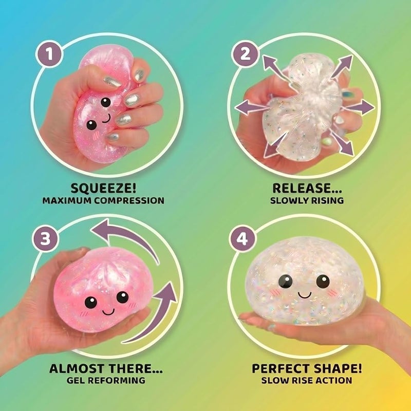 Lemoneon Glitter Dumpling Squishy Mystery Box 4 Pcs - 2026 Upgraded Dumplings Squishes for Adults Teens Squeeze Easter Basket Stuffers Smiling White and Pink - Sad Blue - Confused Gold - Image 4
