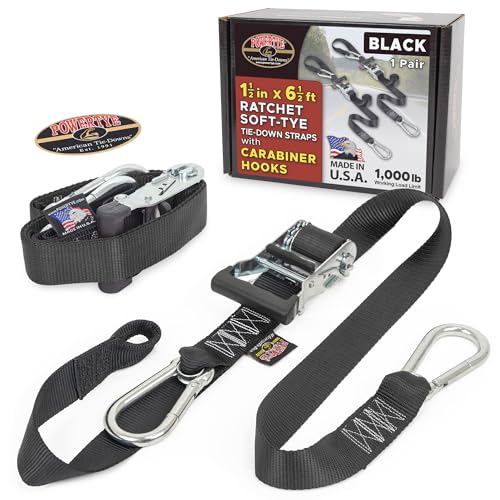 PowerTye 1.5in x 6.5ft Heavy Duty Ratchet Tie-Down Straps with Soft-Tye and Carabiner Hooks - 1,000 lb Working Load Limit / 3,000 lb Breaking Strength - Made in USA - Black/Black Pair - Image 1