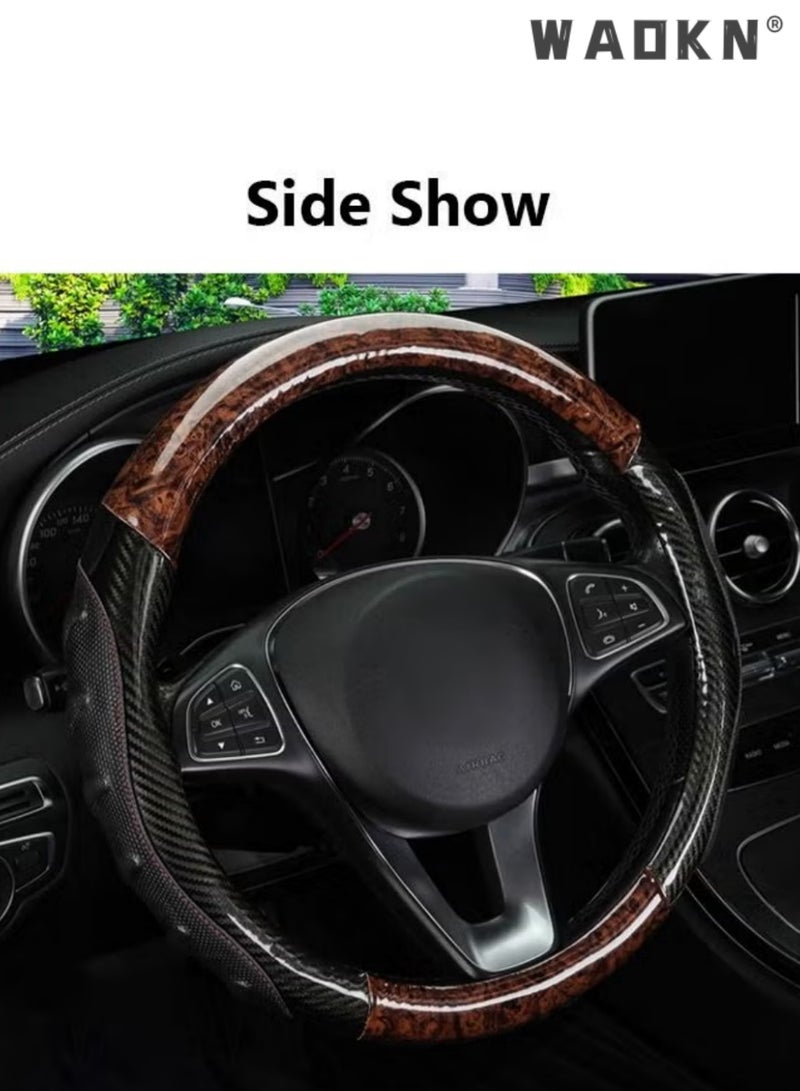WAOKN 15 Inch Universal Steering Wheel Cover, Wood Grain & Carbon Fiber Leather Black Coffee Protector, Non-Slip Breathable All-Season Wear-Resistant Stylish Auto Interior Accessory for Men & Women（Black CoffeeRound Steering Wheel） - Image 2