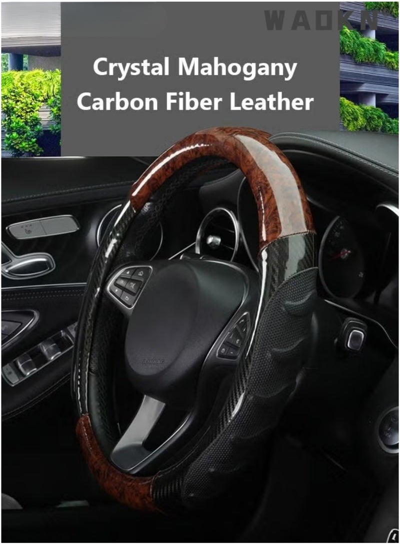 WAOKN 15 Inch Universal Steering Wheel Cover, Wood Grain & Carbon Fiber Leather Black Coffee Protector, Non-Slip Breathable All-Season Wear-Resistant Stylish Auto Interior Accessory for Men & Women（Black CoffeeRound Steering Wheel） - Image 5