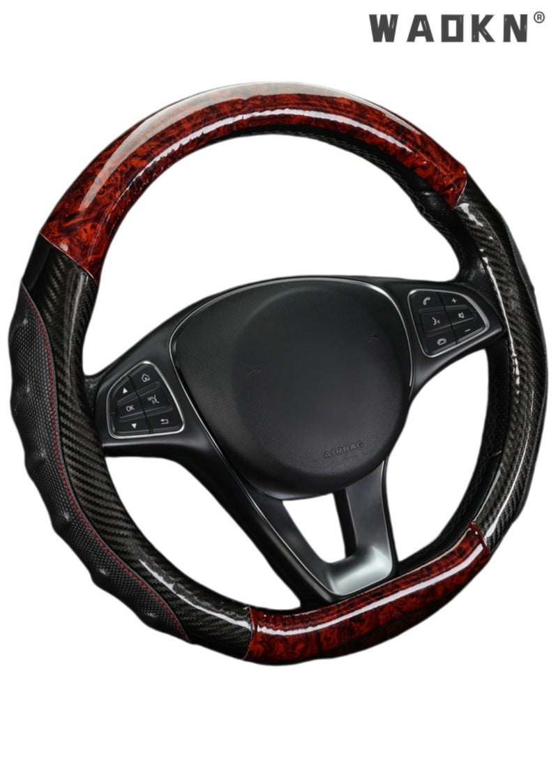 WAOKN 15 Inch Universal Steering Wheel Cover, Wood Grain & Carbon Fiber Leather Black Coffee Protector, Non-Slip Breathable All-Season Wear-Resistant Stylish Auto Interior Accessory for Men & Women（Black CoffeeRound Steering Wheel） - Image 1