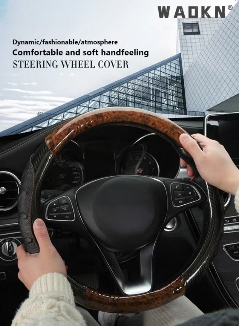 WAOKN 15 Inch Universal Steering Wheel Cover, Wood Grain & Carbon Fiber Leather Black Coffee Protector, Non-Slip Breathable All-Season Wear-Resistant Stylish Auto Interior Accessory for Men & Women（Black CoffeeRound Steering Wheel） - Image 4