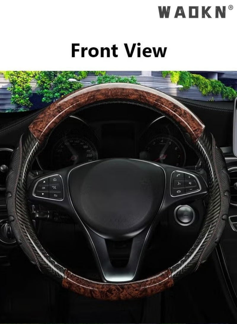 WAOKN 15 Inch Universal Steering Wheel Cover, Wood Grain & Carbon Fiber Leather Black Coffee Protector, Non-Slip Breathable All-Season Wear-Resistant Stylish Auto Interior Accessory for Men & Women（Black CoffeeRound Steering Wheel） - Image 3