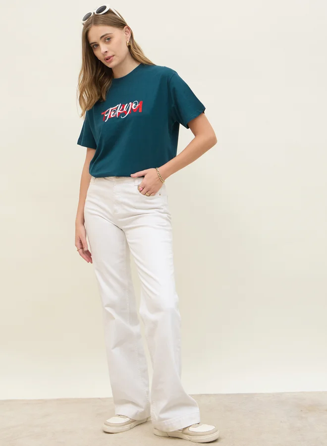 Styli Embroidered Slogan Boxy Fit Round Neck T-Shirt