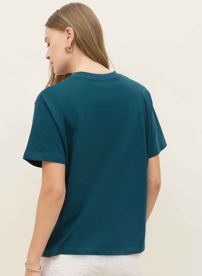 Styli Embroidered Slogan Boxy Fit Round Neck T-Shirt  - Image 4