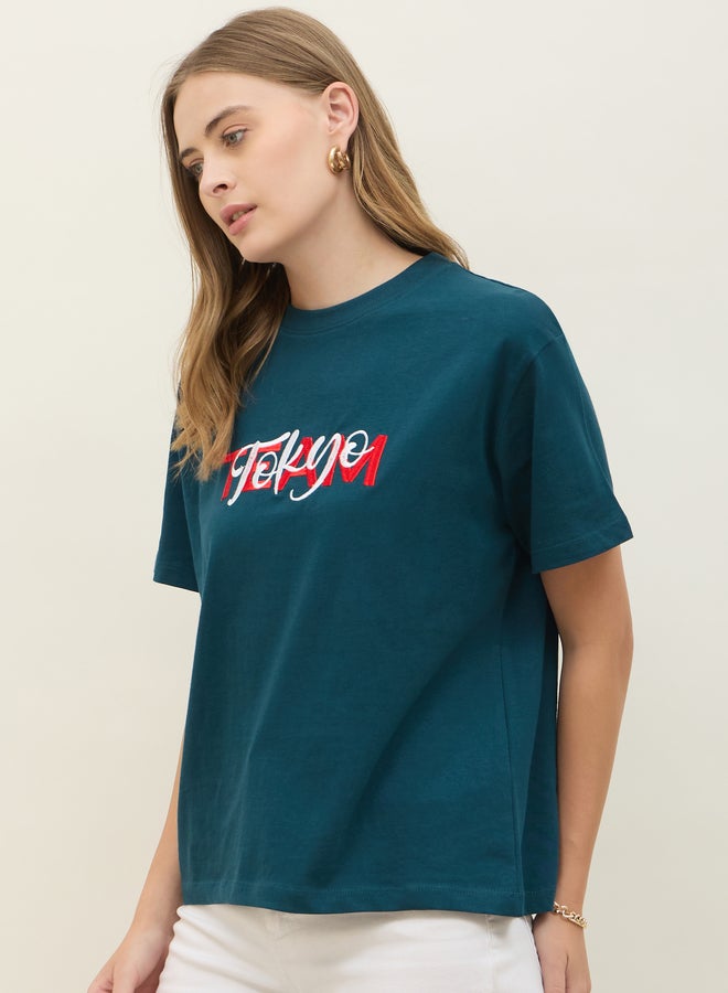 Styli Embroidered Slogan Boxy Fit Round Neck T-Shirt  - Image 3