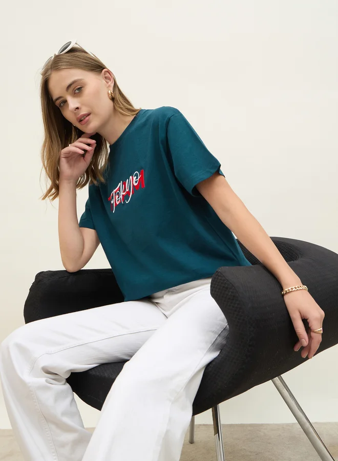 Styli Embroidered Slogan Boxy Fit Round Neck T-Shirt
