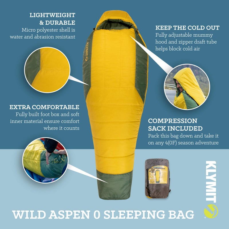 Klymit Wild Aspen Lightweight Mummy Sleeping Bag, 0 Degree Cold Weather Sleeping Bag for Camping, Hiking, and Backpacking, Green, Regular - Image 2