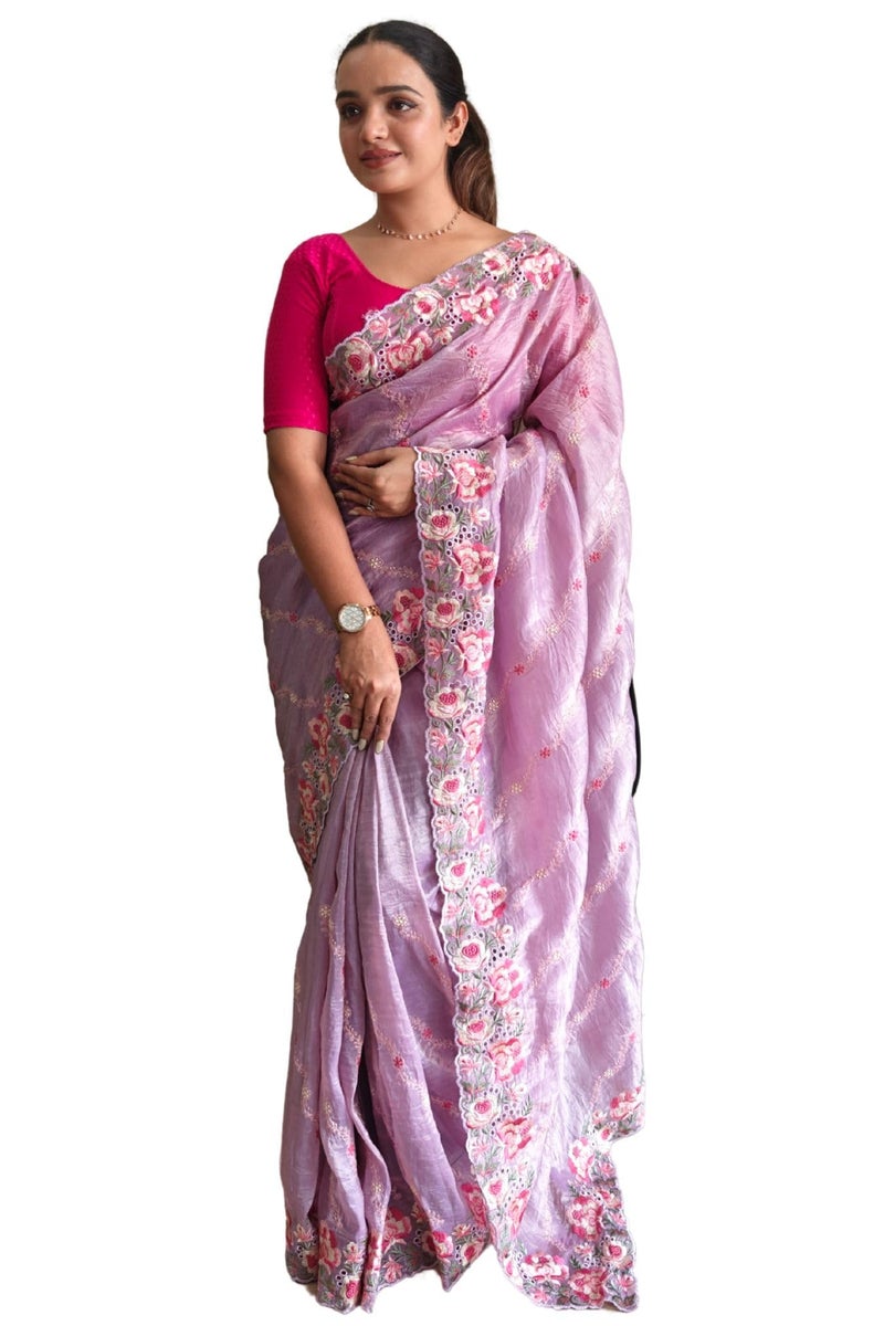 SGF11 Women's Tissue Silk Embroidery Work Saree With Unstitched Blouse Piece (Lavender) - Image 1