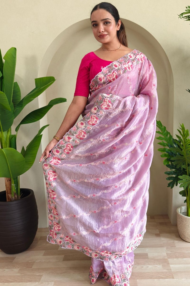 SGF11 Women's Tissue Silk Embroidery Work Saree With Unstitched Blouse Piece (Lavender) - Image 5