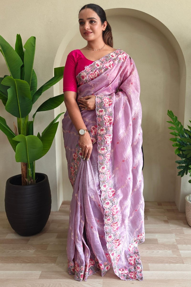 SGF11 Women's Tissue Silk Embroidery Work Saree With Unstitched Blouse Piece (Lavender) - Image 2