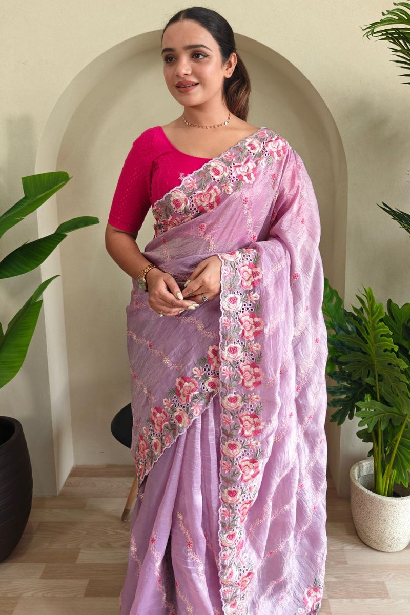 SGF11 Women's Tissue Silk Embroidery Work Saree With Unstitched Blouse Piece (Lavender) - Image 3