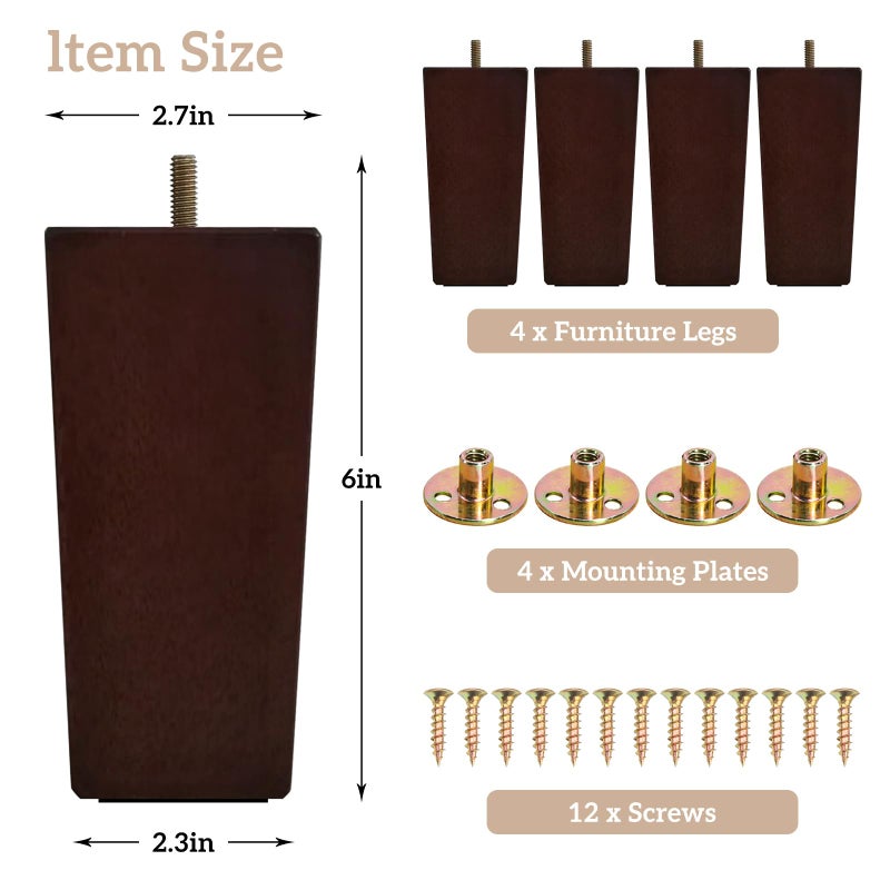 GOSCHE 6 Inch Wooden Sofa Legs Set Of 4 Brown Square Wood Furniture Feet Couch Legs Mid Century Modern Dresser Replacement Feet For Chair Cabinet Armchair Recliner Table Or Home Diy Projects Bun Feet - Image 3