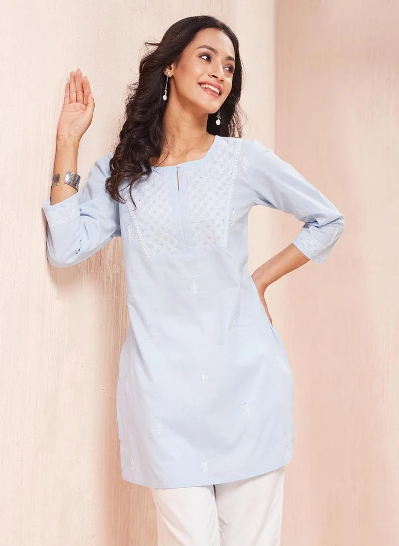 Fabindia Light Blue Cotton Chikankari Short Kurta