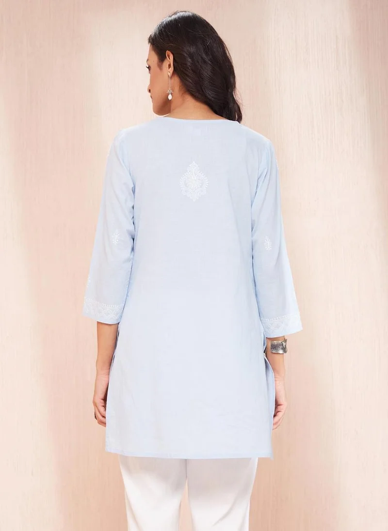 Fabindia Light Blue Cotton Chikankari Short Kurta