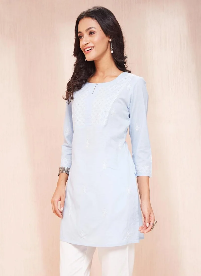 Fabindia Light Blue Cotton Chikankari Short Kurta