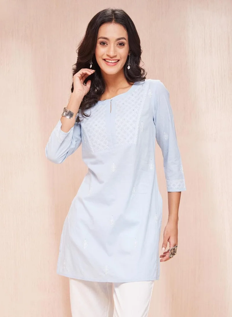 Fabindia Light Blue Cotton Chikankari Short Kurta