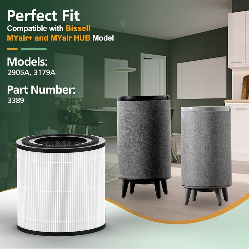 isinlive عبوة 2 من فلتر HEPA الحقيقي البديل متوافق مع بيسل MYair و MYair HUB 2905A 3179A رقم الجزء 3389 - Image 2