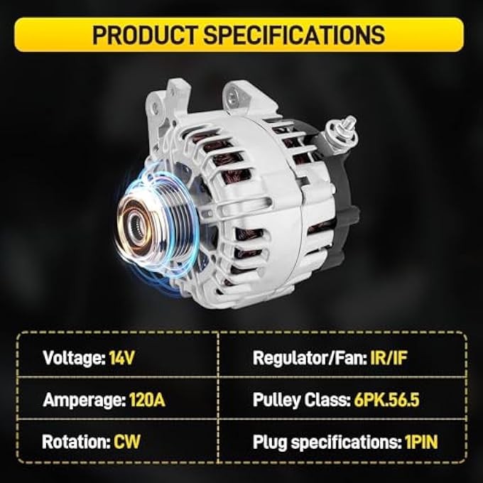 YEHERIT 120A High Output Alternator Compatible with Nissan Rogue/Xtrail 2014 2015 2016 2017 2018 L4 2.5L, Replace# 23100-4BA0A, 23100-4BA0B, TG12C152, 849149, 6-Groove CW Internal Fan & Regulator - Image 3