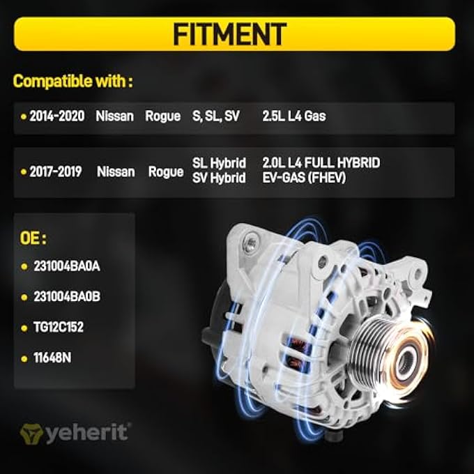 YEHERIT 120A High Output Alternator Compatible with Nissan Rogue/Xtrail 2014 2015 2016 2017 2018 L4 2.5L, Replace# 23100-4BA0A, 23100-4BA0B, TG12C152, 849149, 6-Groove CW Internal Fan & Regulator - Image 2