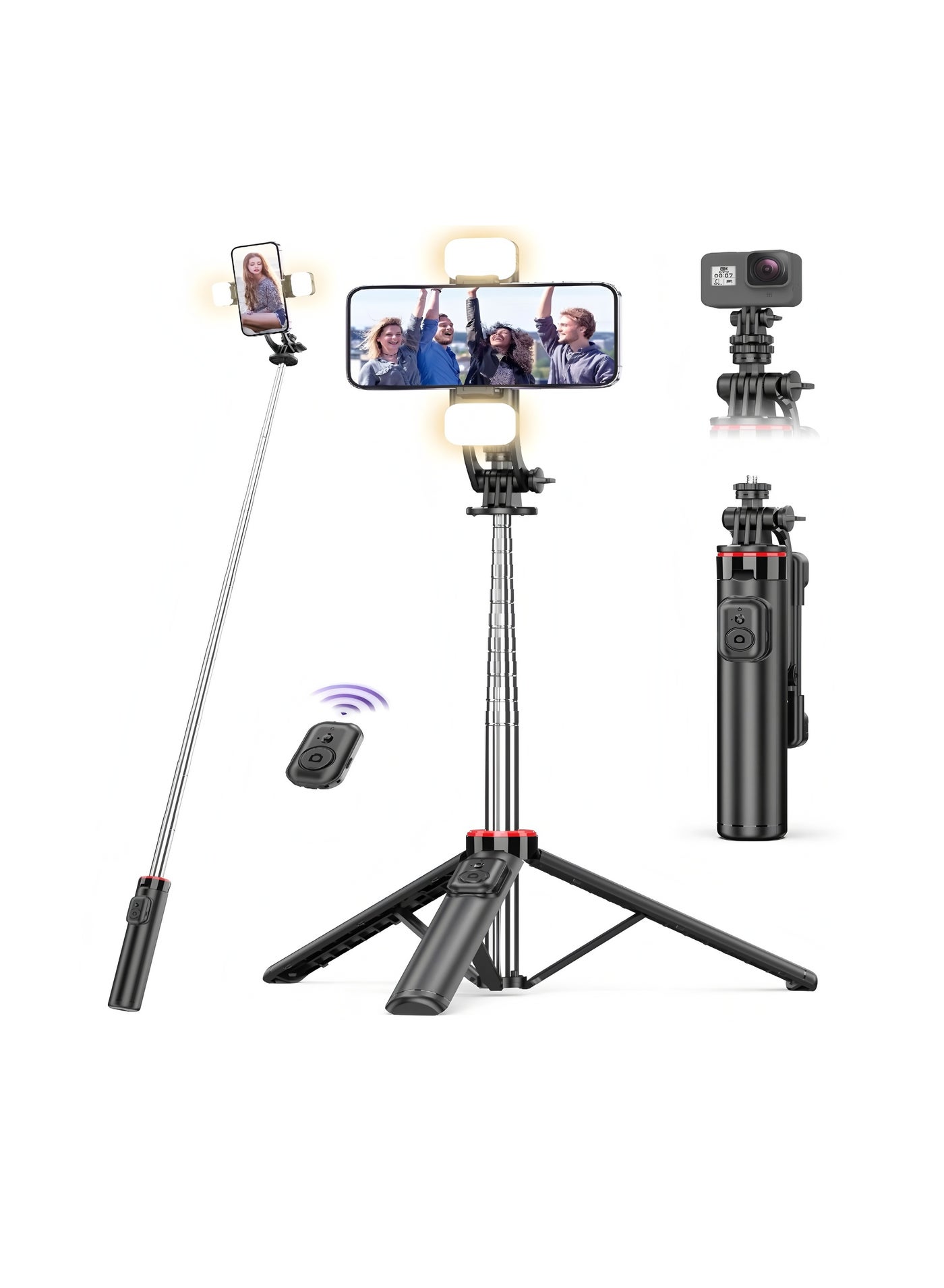 53.14”Selfie Sticks Tripod,Separate design smartphone tripod Stand with Wireless Remote Control and Double fill light Portable Retractable Cell Phone Tripod for iPhone/Samsung/GoPro/Android Phone
