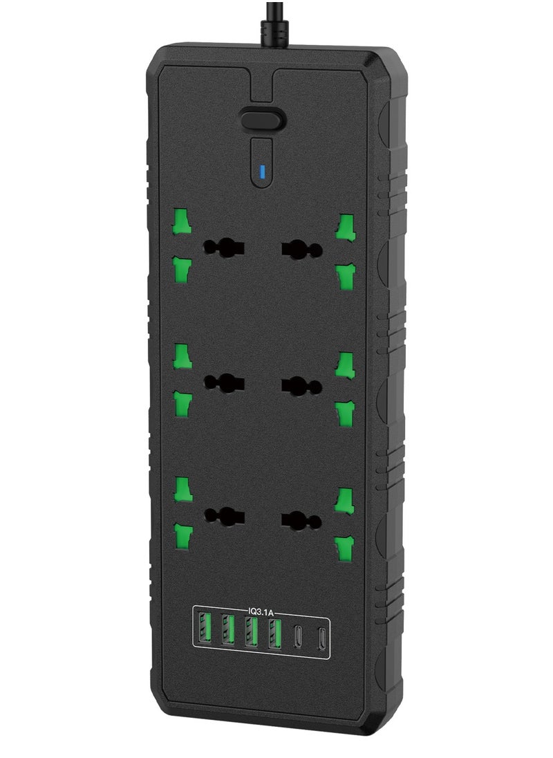GULFLINK سلك تمديد طاقة بطول 2 متر مع 6 مقابس طاقة و4 منافذ USB و2 PD، شريط طاقة أسود  - Image 1