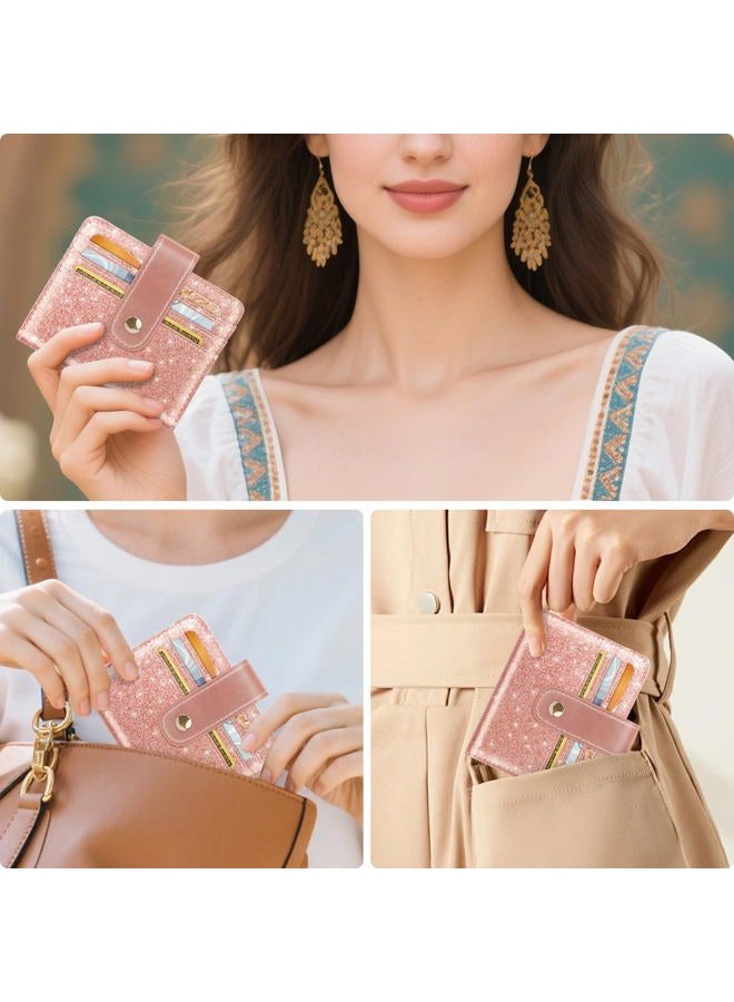 Simikol Slim Bifold Wallet RFID Credit Card Wallet Glitter Leather Small Cute Card Holder for Women, Rose Gold - Image 3
