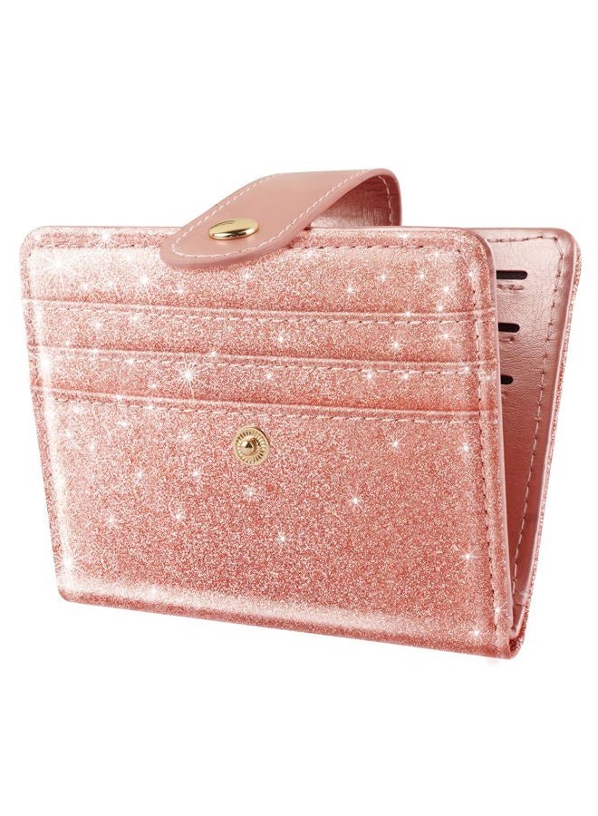 Simikol Slim Bifold Wallet RFID Credit Card Wallet Glitter Leather Small Cute Card Holder for Women, Rose Gold - Image 1