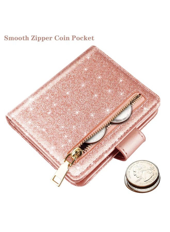 Simikol Slim Bifold Wallet RFID Credit Card Wallet Glitter Leather Small Cute Card Holder for Women, Rose Gold - Image 4