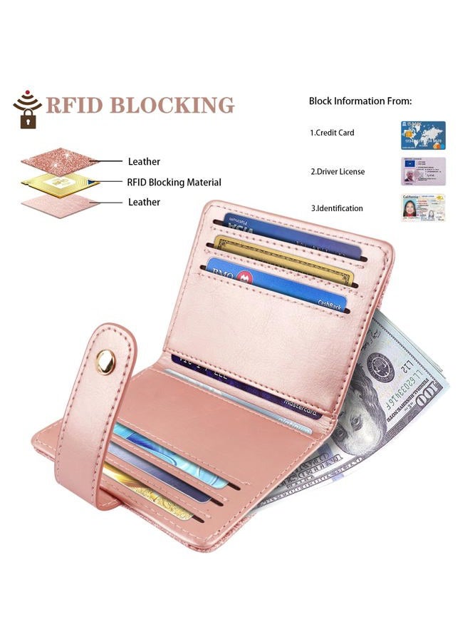 Simikol Slim Bifold Wallet RFID Credit Card Wallet Glitter Leather Small Cute Card Holder for Women, Rose Gold - Image 2