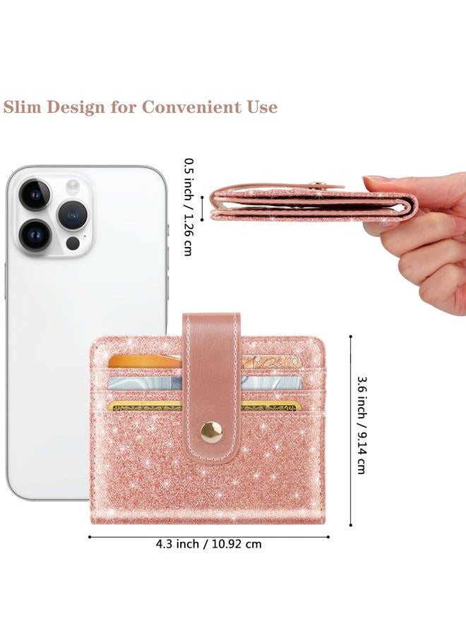 Simikol Slim Bifold Wallet RFID Credit Card Wallet Glitter Leather Small Cute Card Holder for Women, Rose Gold - Image 5