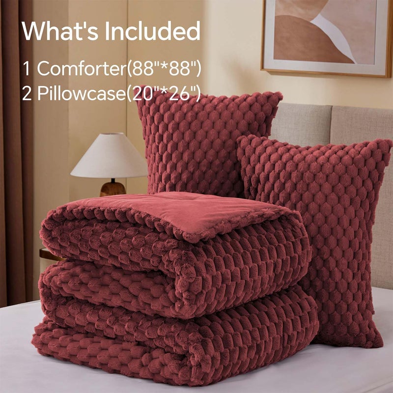 BEDELITE Fluffy Queen Comforter Set - Burgundy Fleece Soft Comforter for Queen Size Bed, Luxury Warm Bedding Set for Winter, Fuzzy Bed Set 3 Pieces (1 Comforter, 2 Pillowcases) - Image 4
