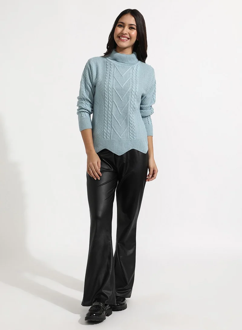 Campus Sutra Women's Icy Blue Cable Knit Sweater For Casual Wear | Crew Neck | Long Sleeve | Pull On Closure | Acrylic Blend Sweater Crafted With Comfort Fit For Everyday Wear