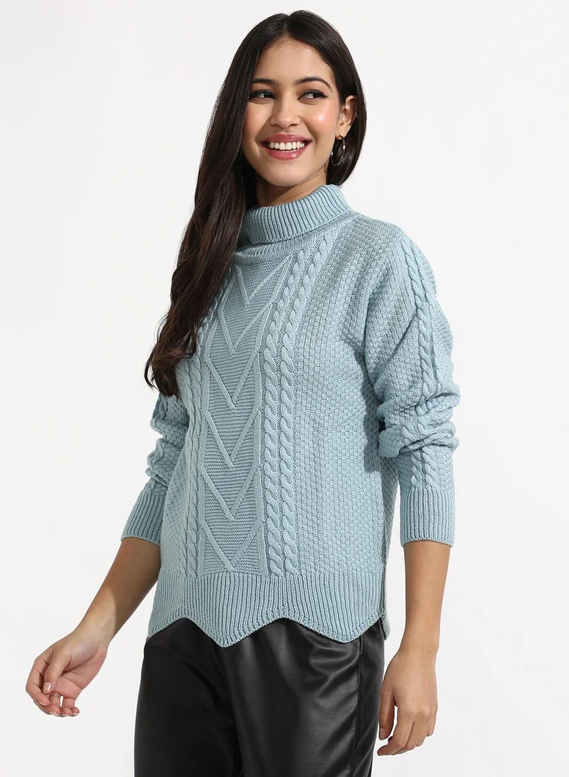 كامبوس سوترا كنزة نسائية محبوكة باللون الأزرق الثلجي بياقة دائرية وأكمام طويلة، مريحة للارتداء اليومي