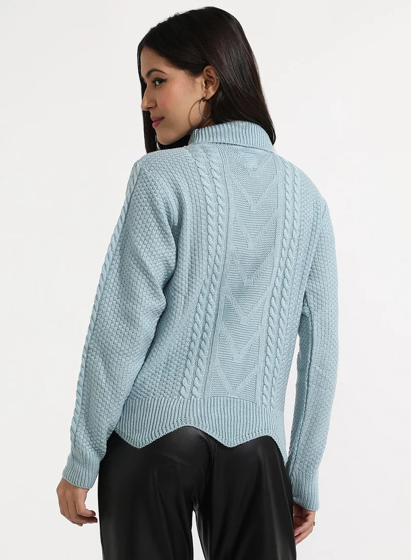 Campus Sutra Women's Icy Blue Cable Knit Sweater For Casual Wear | Crew Neck | Long Sleeve | Pull On Closure | Acrylic Blend Sweater Crafted With Comfort Fit For Everyday Wear