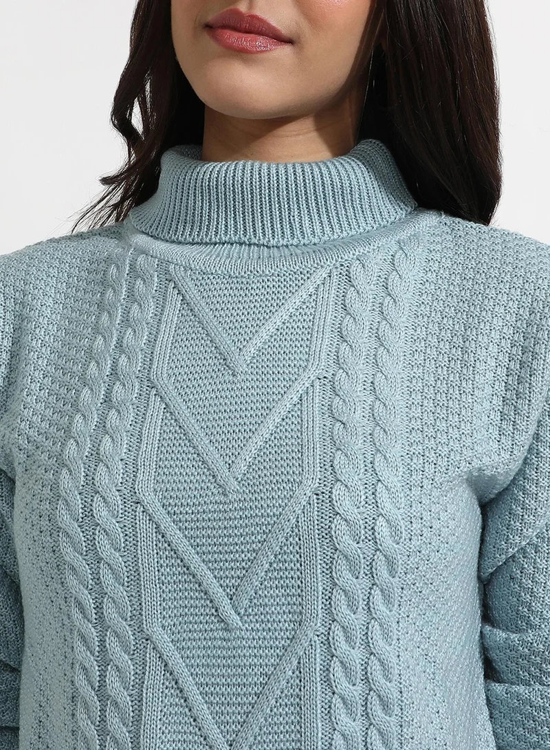 Campus Sutra Women's Icy Blue Cable Knit Sweater For Casual Wear | Crew Neck | Long Sleeve | Pull On Closure | Acrylic Blend Sweater Crafted With Comfort Fit For Everyday Wear