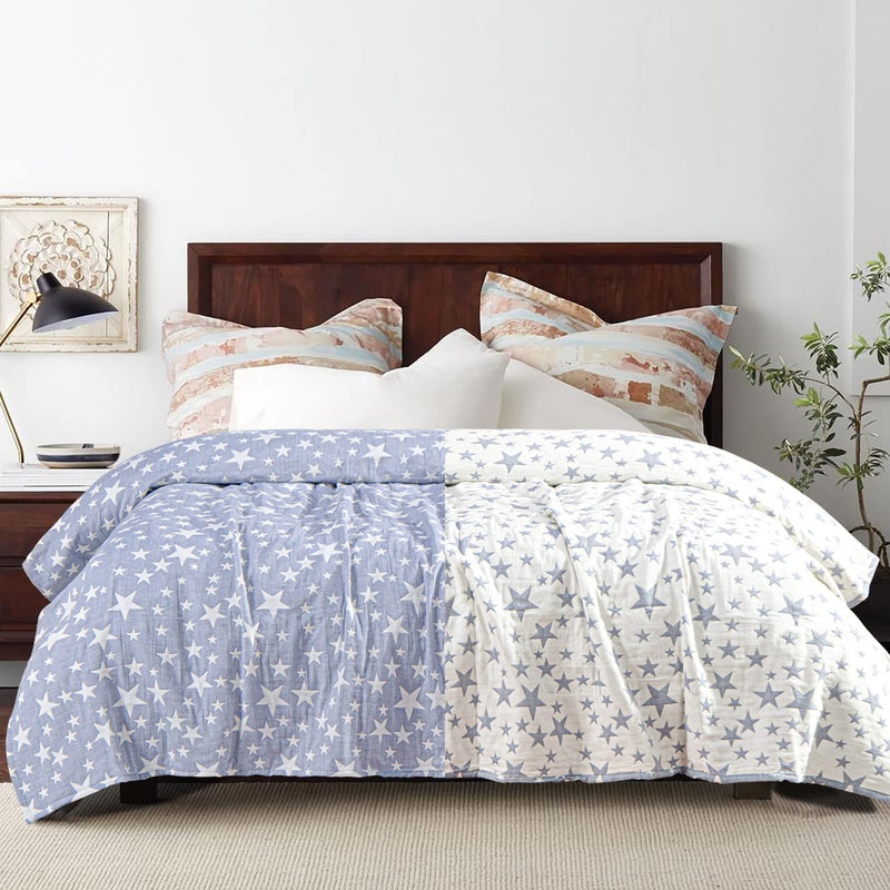 NTBAY 3 Layers Cotton Muslin 106x92 King Bed Blanket, Super Soft Breathable Thermal Yarn Dyed Quilt for Adults, Perfect Lightweight Blanket for Couch Sofa Bed All Seasons, Blue Stars - Image 4