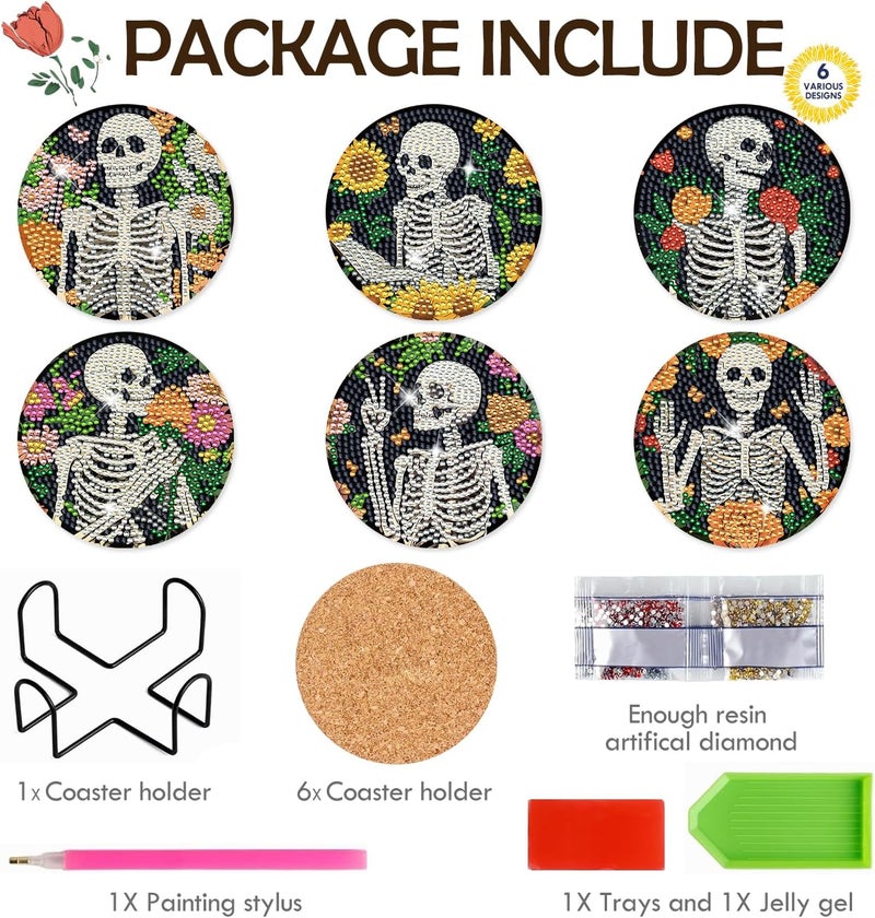 INCOK Skull Diamond Art Coasters - 6 PCS DIY Sunflower Diamond Painting Coasters Kits Home Table Decor Art Craft Supplies Birthday The Day of Dead Gift for Adults Beginners Skull Lovers Mexicans - Image 4