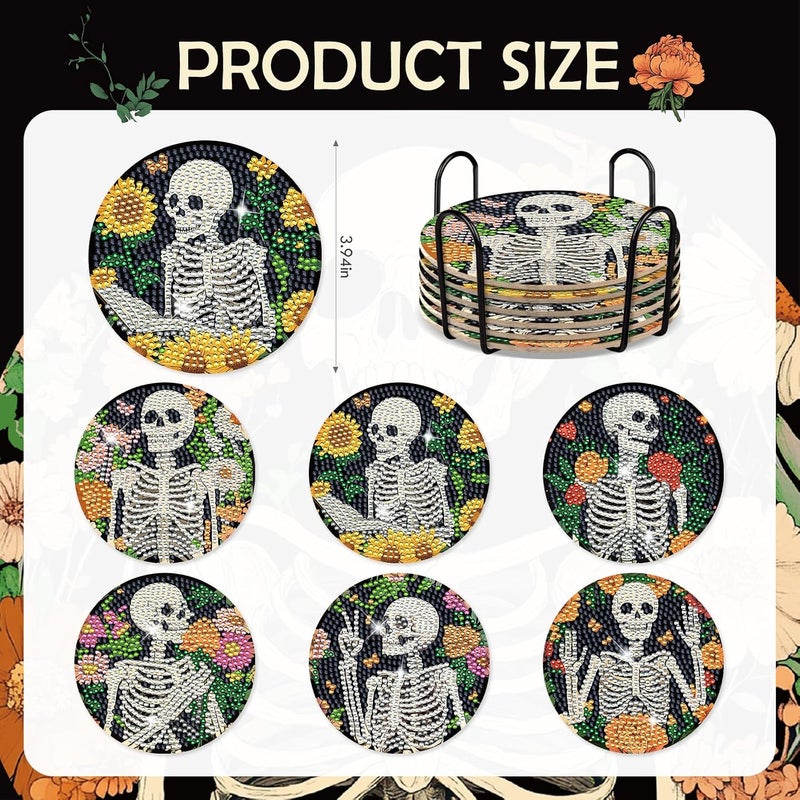 INCOK Skull Diamond Art Coasters - 6 PCS DIY Sunflower Diamond Painting Coasters Kits Home Table Decor Art Craft Supplies Birthday The Day of Dead Gift for Adults Beginners Skull Lovers Mexicans - Image 2