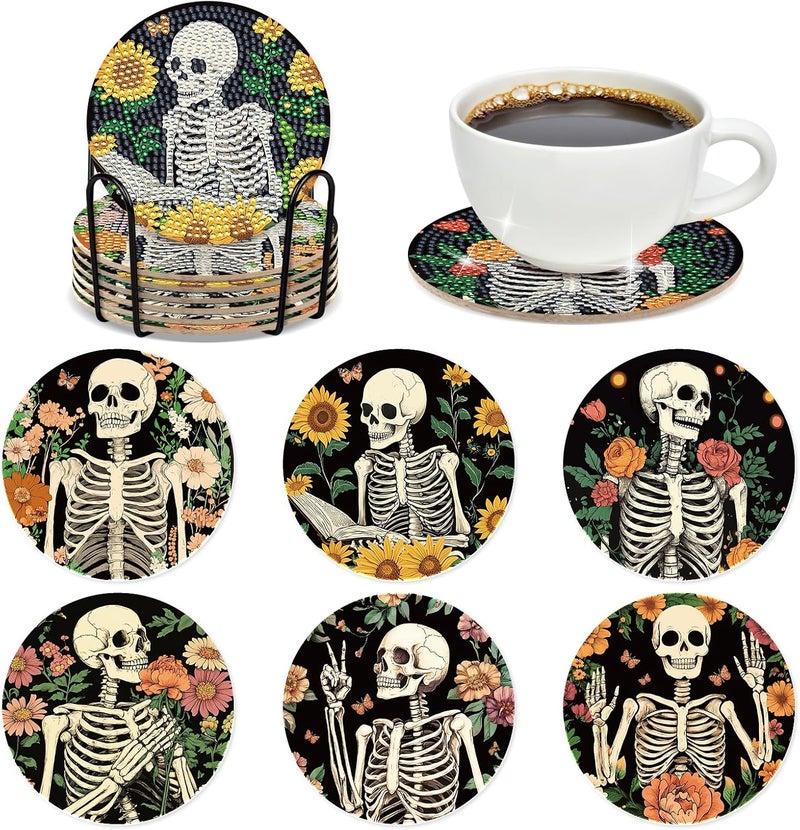 INCOK Skull Diamond Art Coasters - 6 PCS DIY Sunflower Diamond Painting Coasters Kits Home Table Decor Art Craft Supplies Birthday The Day of Dead Gift for Adults Beginners Skull Lovers Mexicans - Image 1