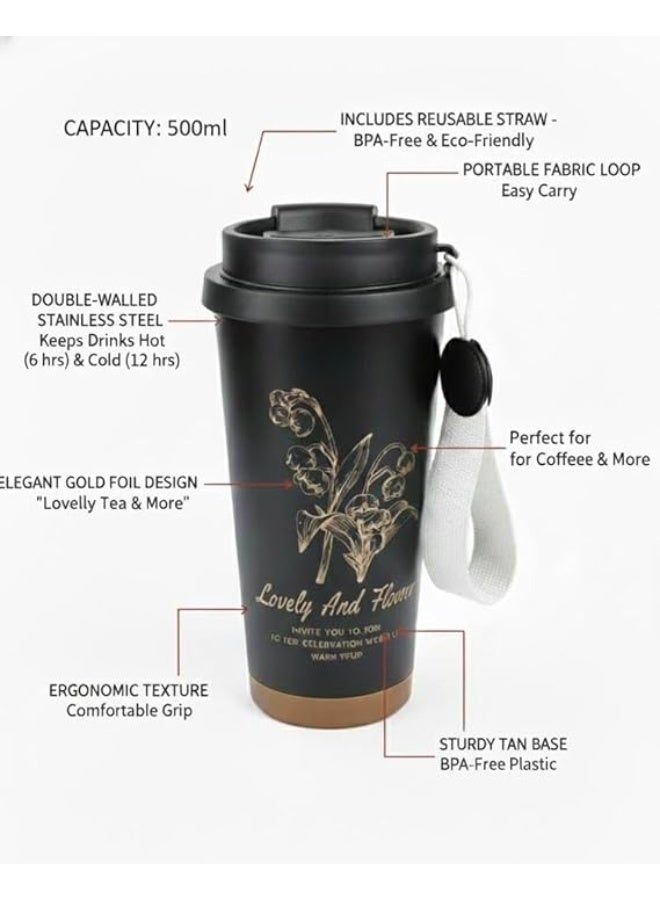 Spaceshoop Insulated Coffee Mug with Lid and Straw Leakproof Stainless Steel Coffee Mug for Hot and Cold Drinks Perfect Size for Travel and Everyday Use Black 1 PCS - Image 3