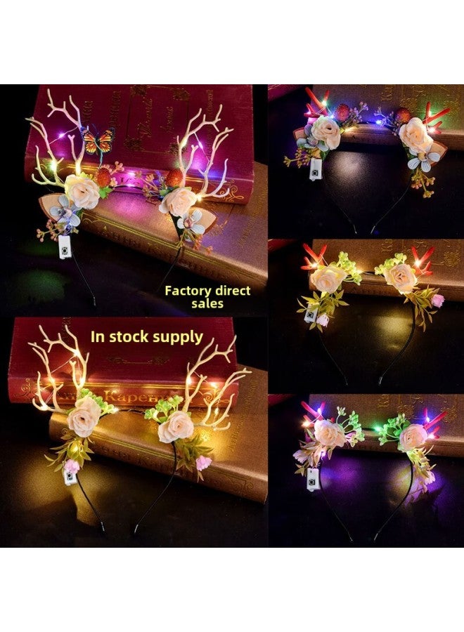 Luminous Elk Antler Headband Flash Headband Flower Fairy Antler Headwear Party Night Market Wholesale-Color:Branch Feather Elk Purple + Lantern - Image 2