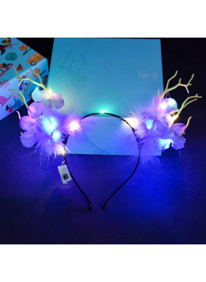 Luminous Elk Antler Headband Flash Headband Flower Fairy Antler Headwear Party Night Market Wholesale-Color:Branch Feather Elk Purple + Lantern - Image 1
