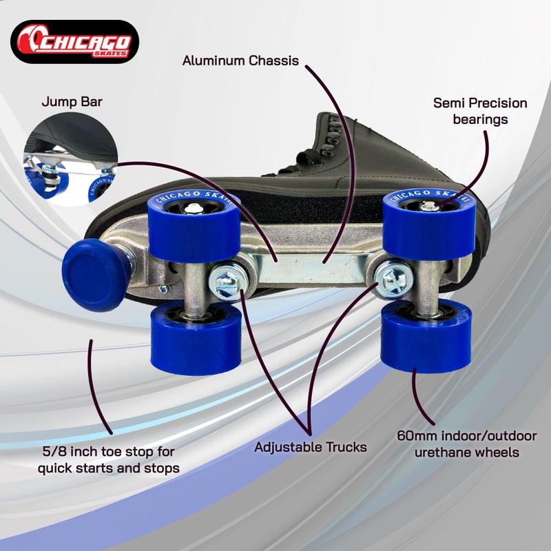 Chicago زلاجات شيكاغو الفاخرة السوداء رباعية العجلات للأولاد والرجال المبتدئين تصميم كلاسيكي قابل للتعديل عالي القمة للزلاجات الداخلية أو الخارجية وسباق الزلاجات - Image 3