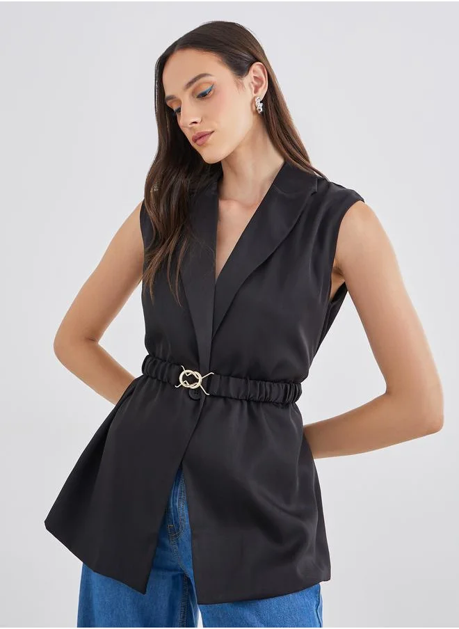 Styli Styli Women Black Regular Fit Longline Sleeveless Belted Blazer