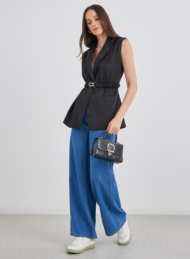 Styli Women Black Regular Fit Longline Sleeveless Belted Blazer - Image 2