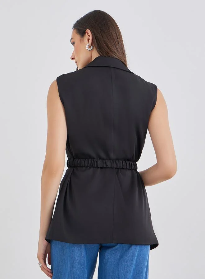 Styli Styli Women Black Regular Fit Longline Sleeveless Belted Blazer