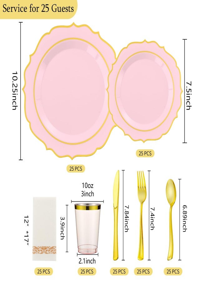 ISFANGCO 175 PCS Pink Plastic Plates for 25 Guests, Pink and Gold Disposable Dinnerware Set for Party Wedding Include 25 Dinner & 25 Dessert Plates, Spoons, Forks, Knives, Cups, 25 Napkins - Image 2