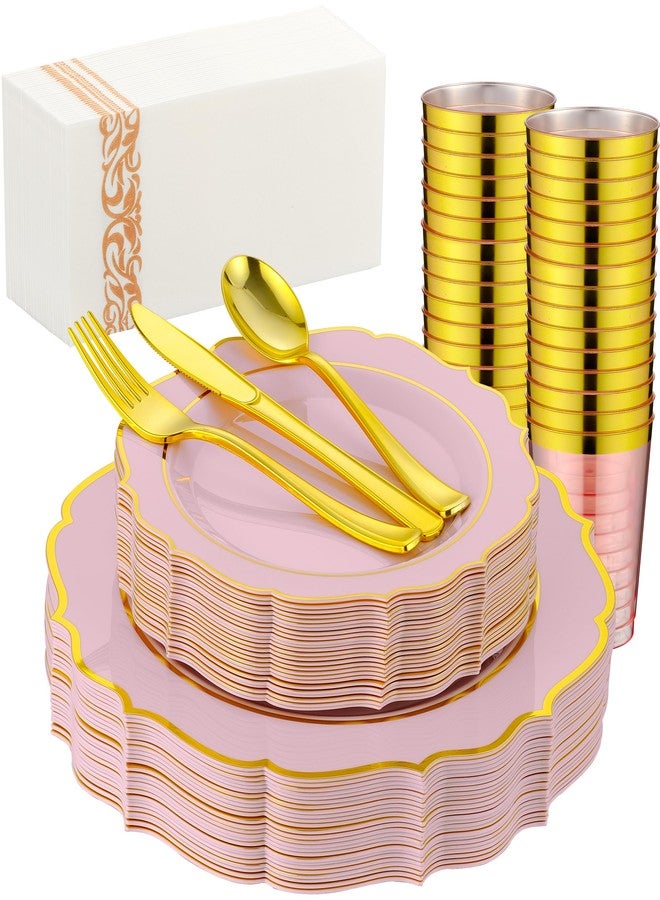 ISFANGCO 175 PCS Pink Plastic Plates for 25 Guests, Pink and Gold Disposable Dinnerware Set for Party Wedding Include 25 Dinner & 25 Dessert Plates, Spoons, Forks, Knives, Cups, 25 Napkins - Image 1