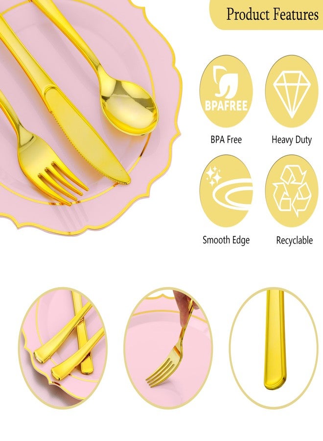 ISFANGCO 175 PCS Pink Plastic Plates for 25 Guests, Pink and Gold Disposable Dinnerware Set for Party Wedding Include 25 Dinner & 25 Dessert Plates, Spoons, Forks, Knives, Cups, 25 Napkins - Image 3